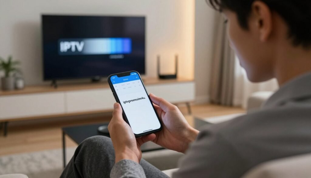 A modern living room scene showcasing a person in business casual attire, sitting on a sleek couch, looking frustrated while holding a smartphone displaying an error message from the IPTV app “iptvpremuim4u.” In the foreground, the smartphone screen is clear, highlighting the error message. In the middle ground, a TV is visible, showing a buffering symbol, indicating streaming issues. The background consists of a stylish, well-lit room with minimalist decor, including a router with blinking lights on a nearby shelf. The lighting is warm and inviting, creating a slightly tense atmosphere to reflect the frustration of internet connectivity problems. The angle is slightly above eye level, emphasizing the technology in focus.