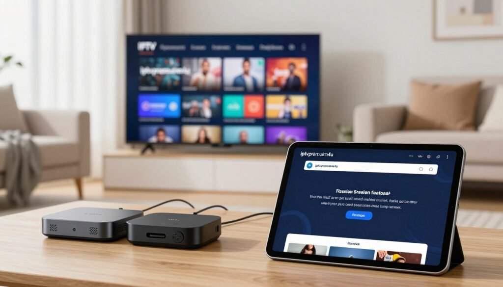 A modern living room scene showcasing various supported IPTV devices like smart TVs, streaming boxes, and tablets, all displaying the IPTV app interface with the brand "iptvpremuim4u". In the foreground, a sleek tablet shows an error message related to freezing issues for a vivid representation of the article's subject. The middle layer features a smart TV with vibrant IPTV content, while the background includes a cozy sofa and stylish decor, conveying a relaxed atmosphere. Bright, natural lighting streams in from a window, highlighting the devices with a slightly blurred depth-of-field effect, enhancing focus on the technology. The overall mood is informative yet inviting, perfect for illustrating device compatibility and updates in IPTV. A modern living room scene showcasing various supported IPTV devices like smart TVs, streaming boxes, and tablets, all displaying the IPTV app interface with the brand "iptvpremuim4u". In the foreground, a sleek tablet shows an error message related to freezing issues for a vivid representation of the article's subject. The middle layer features a smart TV with vibrant IPTV content, while the background includes a cozy sofa and stylish decor, conveying a relaxed atmosphere. Bright, natural lighting streams in from a window, highlighting the devices with a slightly blurred depth-of-field effect, enhancing focus on the technology. The overall mood is informative yet inviting, perfect for illustrating device compatibility and updates in IPTV.