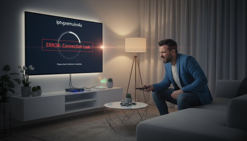 A modern living room setting featuring a flat-screen TV displaying the 'iptvpremuim4u' IPTV app interface, showing a buffering indicator and error messages. In the foreground, a frustrated viewer sits on a stylish couch, dressed in smart casual attire, holding a remote control. The middle ground includes a sleek streaming device connected to the TV alongside visible cables and a Wi-Fi router with blinking signal lights. The background features a cozy ambiance with dim lighting, creating a warm atmosphere. The room design is contemporary, with minimalistic decor that enhances the focus on the technology issues being portrayed. Soft shadows and a slight lens flare from the TV screen add depth, emphasizing the theme of technical difficulties leading to buffering. A modern living room setting featuring a flat-screen TV displaying the 'iptvpremuim4u' IPTV app interface, showing a buffering indicator and error messages. In the foreground, a frustrated viewer sits on a stylish couch, dressed in smart casual attire, holding a remote control. The middle ground includes a sleek streaming device connected to the TV alongside visible cables and a Wi-Fi router with blinking signal lights. The background features a cozy ambiance with dim lighting, creating a warm atmosphere. The room design is contemporary, with minimalistic decor that enhances the focus on the technology issues being portrayed. Soft shadows and a slight lens flare from the TV screen add depth, emphasizing the theme of technical difficulties leading to buffering.