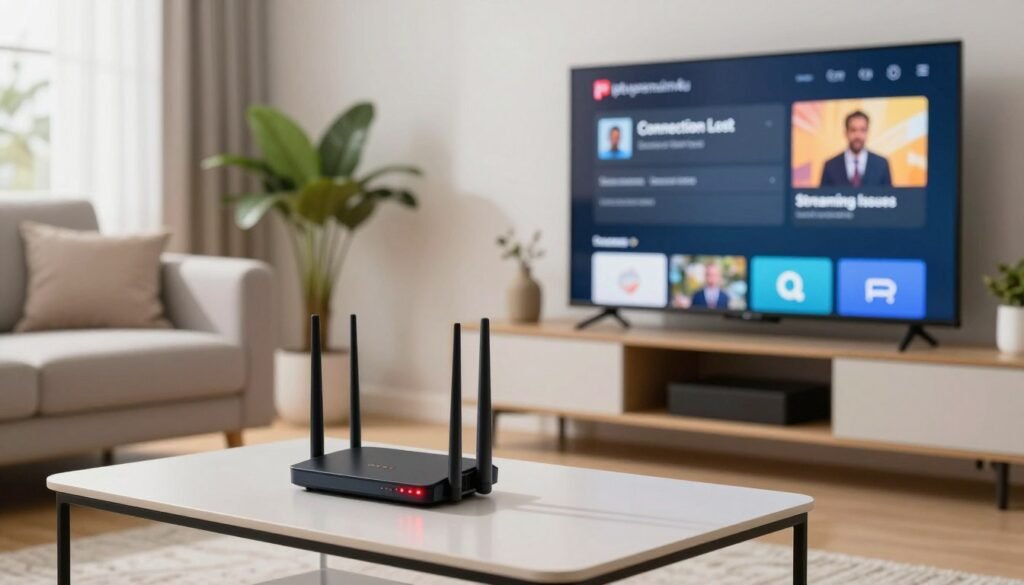 A modern living room setting featuring a stylish TV displaying an IPTV app screen with error messages like "Connection Lost" and "Streaming Issues". In the foreground, there is a sleek, minimalist coffee table with a router showing blinking red lights indicating connectivity problems. Middle ground includes a cozy couch and decorative elements like plants and lamps, enhancing the homey atmosphere. The background should feature a window with natural light streaming in, providing a bright and inviting mood. Capture the scene from a slightly elevated angle for a dynamic perspective. Use bright and contrasting colors to emphasize the technological elements while maintaining a clean, contemporary aesthetic. The brand "iptvpremuim4u" should be visible on the screen. A modern living room setting featuring a stylish TV displaying an IPTV app screen with error messages like "Connection Lost" and "Streaming Issues". In the foreground, there is a sleek, minimalist coffee table with a router showing blinking red lights indicating connectivity problems. Middle ground includes a cozy couch and decorative elements like plants and lamps, enhancing the homey atmosphere. The background should feature a window with natural light streaming in, providing a bright and inviting mood. Capture the scene from a slightly elevated angle for a dynamic perspective. Use bright and contrasting colors to emphasize the technological elements while maintaining a clean, contemporary aesthetic. The brand "iptvpremuim4u" should be visible on the screen.