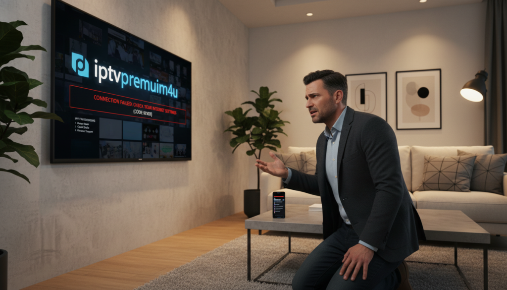 A modern living room setting with a smart TV displaying an IPTV app interface, prominently featuring the brand "iptvpremuim4u". In the foreground, a concerned user in professional casual attire examines the television, their expression reflecting frustration as an error message appears on-screen. The middle ground includes a sleek coffee table with a remote control and a smartphone displaying troubleshooting tips. The background features soft, ambient lighting, creating a cozy yet tense atmosphere, while the walls are decorated with minimalistic art and a few potted plants for a contemporary feel. The camera angle is slightly tilted to emphasize the TV screen and the user's reaction, showcasing a scenario that many viewers can relate to.