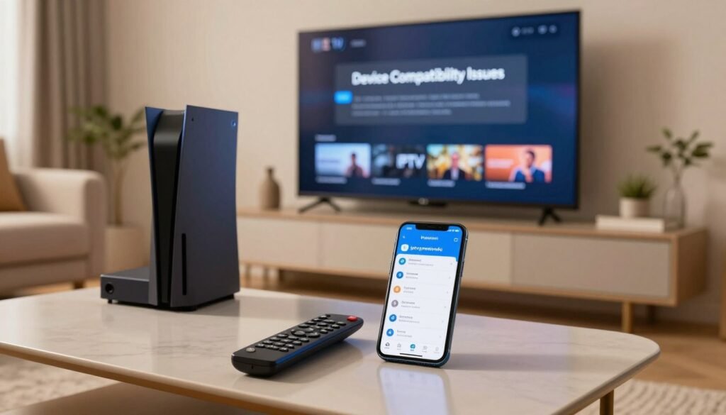 A modern living room setup featuring a flat-screen TV displaying a paused IPTV app with a visible error message, symbolizing "Device Compatibility Issues." In the foreground, a sleek remote control lies on a stylish coffee table, while a smartphone nearby shows the iptvpremium4u app interface. The middle layer includes a modern gaming console and a laptop, emphasizing various device types. The background features soft, warm lighting to create a cozy atmosphere, with a cozy sofa and decorative plants enhancing the scene. Capture this image from a slightly elevated angle, focusing on the details of the devices and the clear error message on the TV screen. The overall mood should reflect a sense of troubleshooting and resolution, encouraging viewers to consider device compatibility.