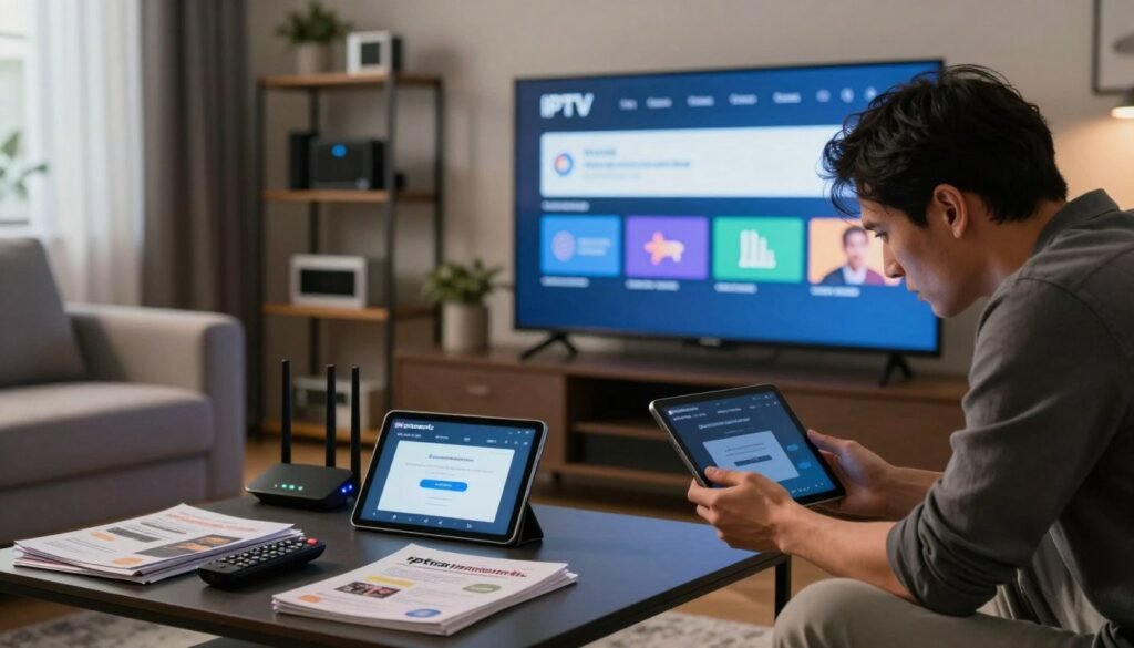 A modern living room setup with a sleek television displaying an IPTV app screen showing error messages. In the foreground, a concerned user, dressed in smart casual attire, leans forward, examining a tablet with the brand name "iptvpremuim4u" visible. The tablet screen shows a subscription verification page, partly obscured by a wireless router glowing with status lights. In the middle ground, a coffee table scattered with troubleshooting guides and remote controls adds detail to the scene. Soft, warm lighting filters through a window, creating a homey atmosphere. In the background, shelves filled with tech gadgets contrast with a relaxed home environment. The mood reflects frustration yet determination, as the user seeks solutions to IPTV subscription issues.