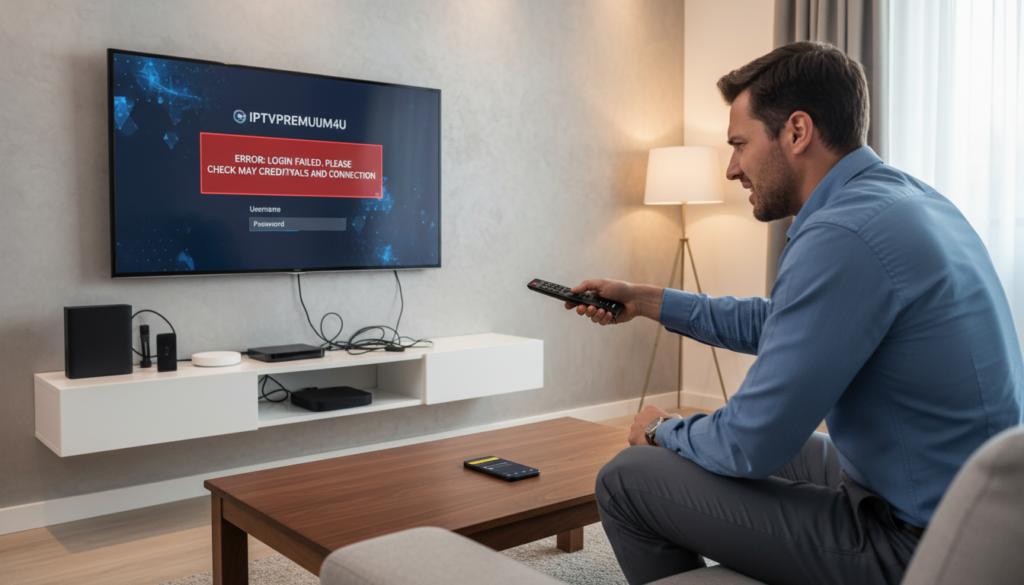 A modern sleek living room setting, showcasing a smart TV displaying the "iptvpremuim4u" login screen with a prominent error message indicating a login problem. In the foreground, a close-up of a puzzled user in business casual attire, holding a remote control, displaying frustration. In the middle, a stylish coffee table with a smartphone showing the IPTV app, highlighting compatibility warnings. The background features a wall-mounted shelf with streaming devices, emphasizing the device compatibility issues in IPTV. Soft, warm lighting illuminates the scene, creating an inviting yet tense atmosphere. The angle is slightly tilted downwards to capture the user's expression while also displaying the technical devices clearly. No text, logos, or watermarks are included in the image. A modern sleek living room setting, showcasing a smart TV displaying the "iptvpremuim4u" login screen with a prominent error message indicating a login problem. In the foreground, a close-up of a puzzled user in business casual attire, holding a remote control, displaying frustration. In the middle, a stylish coffee table with a smartphone showing the IPTV app, highlighting compatibility warnings. The background features a wall-mounted shelf with streaming devices, emphasizing the device compatibility issues in IPTV. Soft, warm lighting illuminates the scene, creating an inviting yet tense atmosphere. The angle is slightly tilted downwards to capture the user's expression while also displaying the technical devices clearly. No text, logos, or watermarks are included in the image.