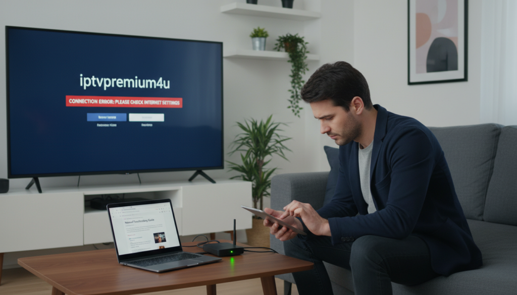 A modern, sleek living room setup showcases a high-definition smart TV displaying the "iptvpremuim4u" login screen with a prominent error message indicating a connection issue. In the foreground, a focused individual in professional casual attire is diligently examining a tablet, troubleshooting the problem. The middle ground features essential tech items like a router with blinking lights, symbolizing internet connectivity, and a laptop open to a support page. Soft, diffused lighting enhances the scene's clarity and professionalism, while the background reveals a cozy atmosphere with minimalistic decor, plants, and a comfortable sofa, conveying a sense of perseverance and problem-solving. The mood is calm yet focused, emphasizing the importance of checking internet connection for online streaming. A modern, sleek living room setup showcases a high-definition smart TV displaying the "iptvpremuim4u" login screen with a prominent error message indicating a connection issue. In the foreground, a focused individual in professional casual attire is diligently examining a tablet, troubleshooting the problem. The middle ground features essential tech items like a router with blinking lights, symbolizing internet connectivity, and a laptop open to a support page. Soft, diffused lighting enhances the scene's clarity and professionalism, while the background reveals a cozy atmosphere with minimalistic decor, plants, and a comfortable sofa, conveying a sense of perseverance and problem-solving. The mood is calm yet focused, emphasizing the importance of checking internet connection for online streaming.