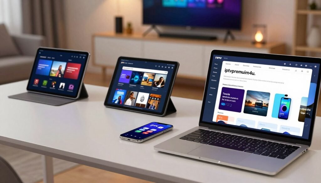 A modern, sleek workspace showcasing various IPTV applications on multiple devices. In the foreground, a laptop screen displays an IPTV app interface marked with "iptvpremuim4u," featuring compatibility error messages alongside icons of popular devices like smart TVs, tablets, and smartphones. The middle ground includes a neatly organized desk with a smartphone lying next to a tablet, both showing IPTV app interfaces, with visible indicators of compatibility status. The background features a stylish home entertainment setup, subtly lit with soft, warm lighting to create an inviting atmosphere. The overall mood reflects frustration transforming into resolution, emphasizing the theme of ensuring application compatibility in a contemporary digital environment. Focus on clarity and detail in the technology visuals, with no text or watermarks.