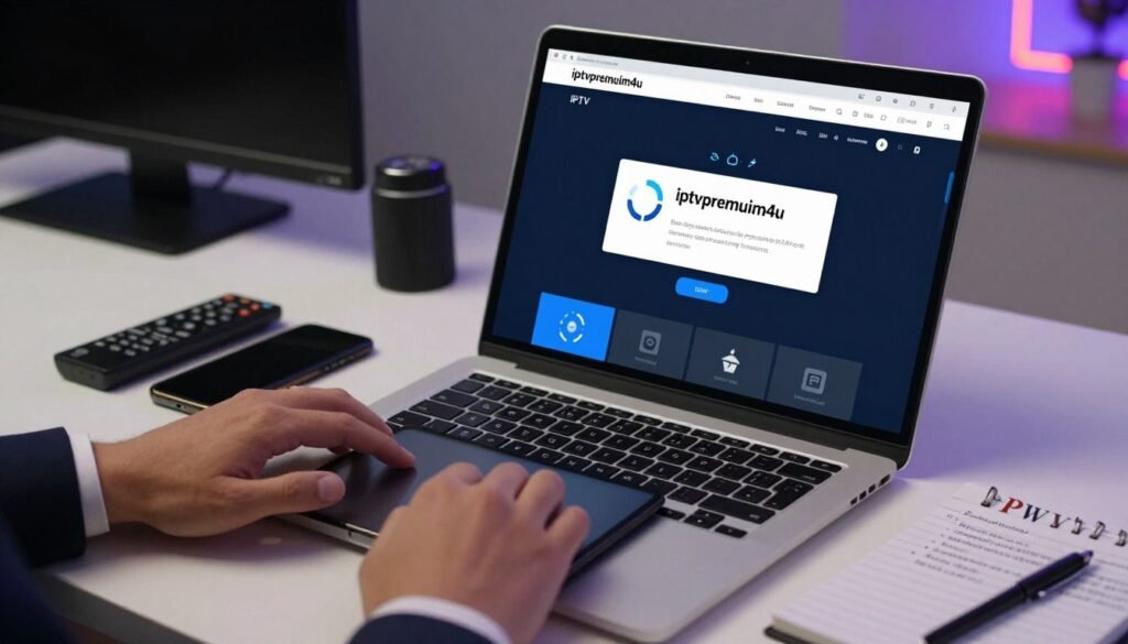 A modern workspace featuring a sleek laptop displaying an IPTV app interface, prominently featuring the brand name "iptvpremuim4u". The screen shows an error message indicating server issues, with visual elements like a spinning loading icon and connection status indicators. In the foreground, a pair of hands, wearing professional business attire, interact with the touchpad, highlighting the action of checking server status. In the middle ground, an organized desk with tech gadgets like a smartphone and a smart TV remote, alongside a notepad with troubleshooting notes. The background features soft ambient lighting to create a focused atmosphere, with a subtle hint of a vibrant wall decoration suggesting technology. The overall mood is professional yet slightly tense, reflecting the urgency of diagnosing an IPTV server issue. A modern workspace featuring a sleek laptop displaying an IPTV app interface, prominently featuring the brand name "iptvpremuim4u". The screen shows an error message indicating server issues, with visual elements like a spinning loading icon and connection status indicators. In the foreground, a pair of hands, wearing professional business attire, interact with the touchpad, highlighting the action of checking server status. In the middle ground, an organized desk with tech gadgets like a smartphone and a smart TV remote, alongside a notepad with troubleshooting notes. The background features soft ambient lighting to create a focused atmosphere, with a subtle hint of a vibrant wall decoration suggesting technology. The overall mood is professional yet slightly tense, reflecting the urgency of diagnosing an IPTV server issue.
