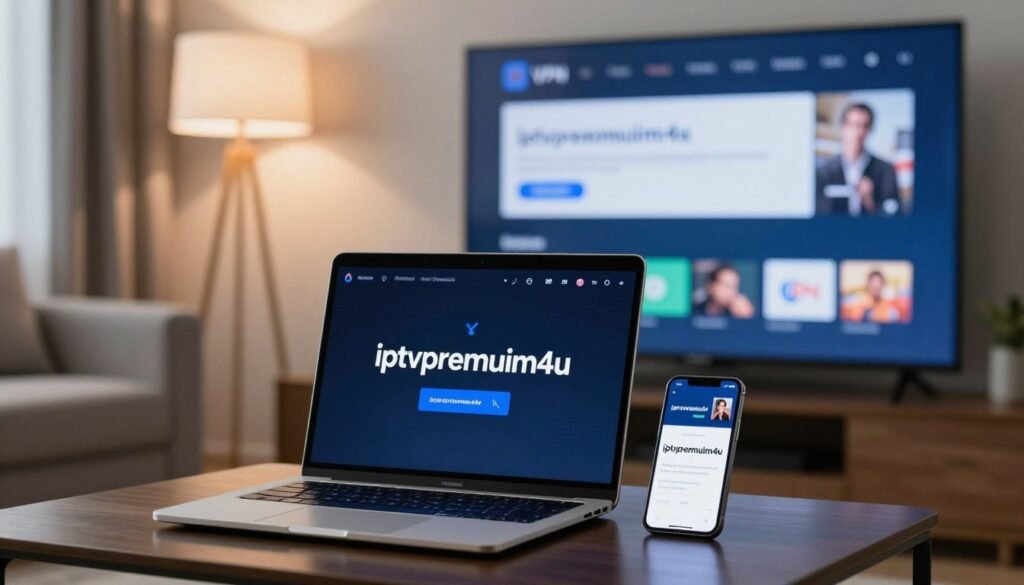 A sleek living room setting as the foreground, showcasing a modern smart TV displaying an IPTV app interface with an error message. In the middle, a laptop is open, with a VPN application interface actively connecting to a server, displaying the brand name “iptvpremuim4u” prominently. A smartphone beside the laptop shows the same IPTV app. The background features a cozy ambiance with soft lighting, perhaps from a floor lamp. Use a slightly blurred depth of field to create focus on the devices. The overall mood is tech-savvy and contemporary, aiming to convey a sense of troubleshooting and connectivity. The image should evoke a professional environment, emphasizing the use of a VPN for IPTV streaming solutions.