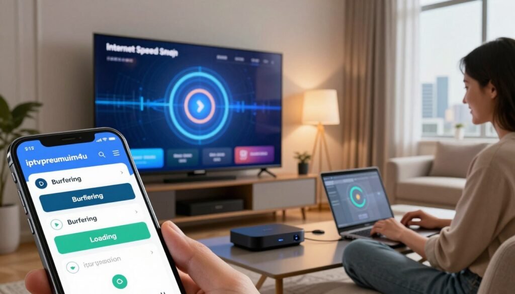 A sleek, modern living room set up for IPTV viewing, featuring a large flat-screen TV displaying a detailed graphic of internet speed requirements for streaming. In the foreground, a close-up of a smartphone shows the "iptvpremuim4u" app interface with error messages like "Buffering" and "Loading" highlighted. The middle ground includes a stylish smart TV device and a friendly, casually dressed person troubleshooting on a laptop. The background shows a cozy room with soft, warm lighting and a window with a view of a city skyline, creating a calm atmosphere. The overall mood is focused and informative, emphasizing a tech-savvy home environment dedicated to solving IPTV issues. A sleek, modern living room set up for IPTV viewing, featuring a large flat-screen TV displaying a detailed graphic of internet speed requirements for streaming. In the foreground, a close-up of a smartphone shows the "iptvpremuim4u" app interface with error messages like "Buffering" and "Loading" highlighted. The middle ground includes a stylish smart TV device and a friendly, casually dressed person troubleshooting on a laptop. The background shows a cozy room with soft, warm lighting and a window with a view of a city skyline, creating a calm atmosphere. The overall mood is focused and informative, emphasizing a tech-savvy home environment dedicated to solving IPTV issues.
