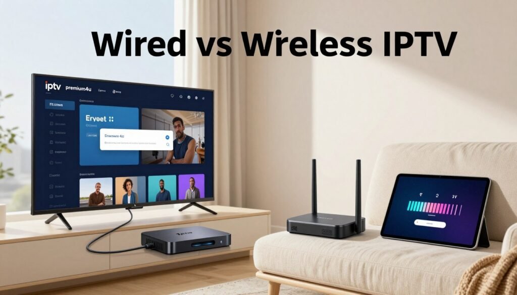 A split-screen illustration depicting 'Wired vs Wireless IPTV'. On the left, a modern living room setup with a sleek, wired IPTV box connected to a high-definition TV displaying the iptvpremium4u app, an error notification visible on the screen. The environment is well-lit with natural daylight streaming through curtains, creating a calm but tech-focused atmosphere. On the right, a cozy seating arrangement with a wireless IPTV device and a tablet streaming content, but with buffering icons appearing, suggesting connectivity issues. The background should include subtle elements like fiber-optic cables for wired and a router for wireless, emphasizing the differences in connection types. The image should evoke a clear, informative, and professional mood, showcasing modern technology without any distractions. A split-screen illustration depicting 'Wired vs Wireless IPTV'. On the left, a modern living room setup with a sleek, wired IPTV box connected to a high-definition TV displaying the iptvpremium4u app, an error notification visible on the screen. The environment is well-lit with natural daylight streaming through curtains, creating a calm but tech-focused atmosphere. On the right, a cozy seating arrangement with a wireless IPTV device and a tablet streaming content, but with buffering icons appearing, suggesting connectivity issues. The background should include subtle elements like fiber-optic cables for wired and a router for wireless, emphasizing the differences in connection types. The image should evoke a clear, informative, and professional mood, showcasing modern technology without any distractions.