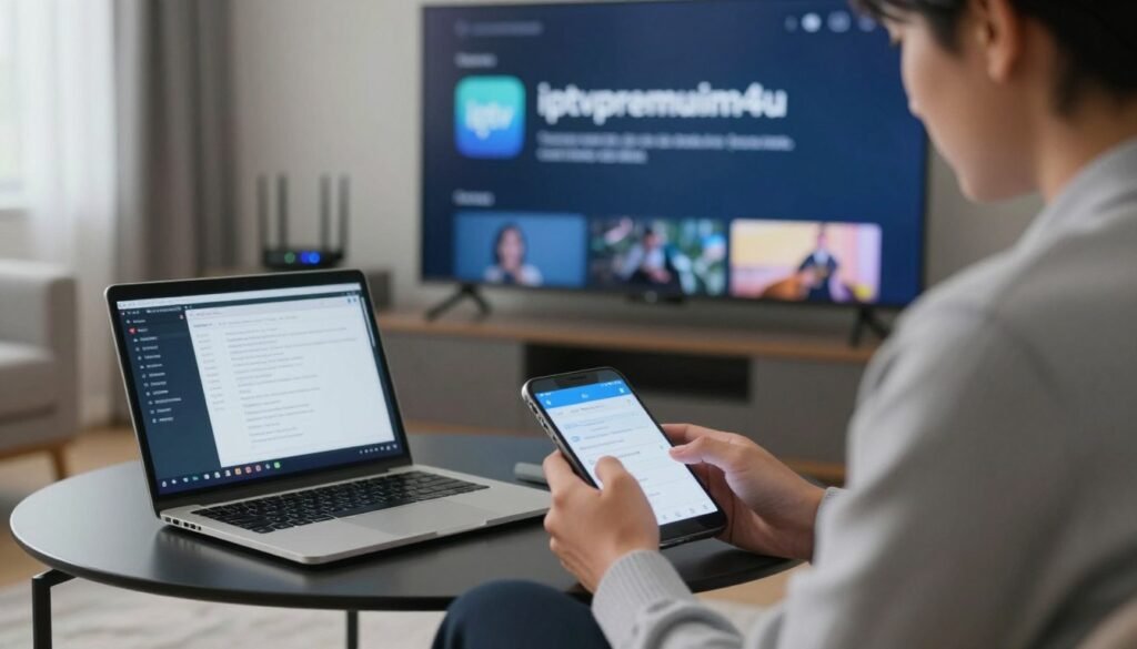 An indoor setting featuring a modern living room with a sleek TV displaying the "iptvpremuim4u" app interface, showing an error message indicating connection issues. In the foreground, a person in professional casual attire is using a tablet or smartphone, deeply focused on troubleshooting the connection. The middle layer includes a laptop open with various network settings displayed, and a Wi-Fi router in the background blinking with status lights. Soft, natural light filters through a window to create a calm, analytical atmosphere. The scene conveys a sense of determination and problem-solving, emphasizing the troubleshooting steps involved in checking an IPTV connection. An indoor setting featuring a modern living room with a sleek TV displaying the "iptvpremuim4u" app interface, showing an error message indicating connection issues. In the foreground, a person in professional casual attire is using a tablet or smartphone, deeply focused on troubleshooting the connection. The middle layer includes a laptop open with various network settings displayed, and a Wi-Fi router in the background blinking with status lights. Soft, natural light filters through a window to create a calm, analytical atmosphere. The scene conveys a sense of determination and problem-solving, emphasizing the troubleshooting steps involved in checking an IPTV connection.