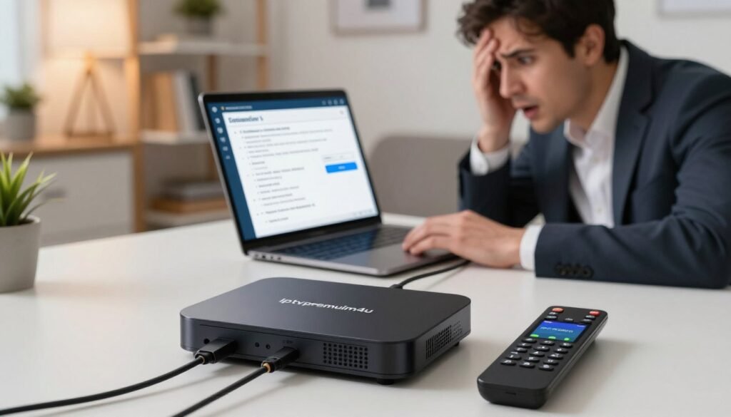 An informative scene depicting IPTV connection troubleshooting. In the foreground, a sleek modern IPTV device with the brand name "iptvpremuim4u" is prominently displayed, surrounded by cables and a remote control showing a common streaming error screen. In the middle, a frustrated user, dressed in professional business attire, sits at a desk, intently studying a laptop screen displaying troubleshooting steps and connection settings. The background features an organized home office setup, with soft, warm lighting highlighting the tech elements. The atmosphere is focused and slightly tense, illustrating the challenge of resolving streaming issues. The image should capture a modern, clear look, enhancing the technical aspects of IPTV troubleshooting. An informative scene depicting IPTV connection troubleshooting. In the foreground, a sleek modern IPTV device with the brand name "iptvpremuim4u" is prominently displayed, surrounded by cables and a remote control showing a common streaming error screen. In the middle, a frustrated user, dressed in professional business attire, sits at a desk, intently studying a laptop screen displaying troubleshooting steps and connection settings. The background features an organized home office setup, with soft, warm lighting highlighting the tech elements. The atmosphere is focused and slightly tense, illustrating the challenge of resolving streaming issues. The image should capture a modern, clear look, enhancing the technical aspects of IPTV troubleshooting.