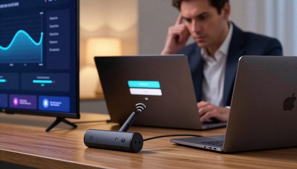 A close-up view of modern digital devices on a sleek wooden desk, showcasing a Firestick, Smart TV, and a laptop, all connected to a stable Wi-Fi network. In the foreground, subtle indicators of buffering and login errors can be seen on the screens, hinting at troubleshooting. The middle ground features a user in professional business attire, intently examining the devices, with a look of determination. The background displays a soft glow from ambient lighting, enhancing the focus on device performance optimization, with graphs and firmware update notifications subtly integrated in the design. The mood is focused and tech-savvy, emphasizing a proactive approach to solving streaming issues with the brand name "iptvpremuim4u" displayed discreetly on the laptop screen.