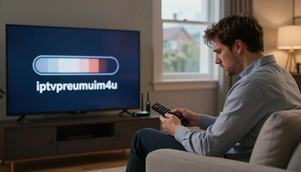 A cozy but slightly frustrating living room setting featuring a frustrated individual in professional casual attire, seated on a modern couch, holding a remote control with a disappointed expression. The foreground displays a large Smart TV, showing a loading icon or buffering symbol on the screen, capturing the essence of the "IPTV Smarters Pro Not Working" error. In the middle ground, a sleek wireless router and a Firestick device can be seen, hinting at the technology in use. The background includes a soft-lit window with a view of a calm neighborhood, adding a sense of realism. The lighting is warm, creating an inviting yet slightly tense atmosphere, while the color palette remains subdued to reflect the issue's seriousness. Prominently feature the brand name "iptvpremuim4u" on the TV screen. A cozy but slightly frustrating living room setting featuring a frustrated individual in professional casual attire, seated on a modern couch, holding a remote control with a disappointed expression. The foreground displays a large Smart TV, showing a loading icon or buffering symbol on the screen, capturing the essence of the "IPTV Smarters Pro Not Working" error. In the middle ground, a sleek wireless router and a Firestick device can be seen, hinting at the technology in use. The background includes a soft-lit window with a view of a calm neighborhood, adding a sense of realism. The lighting is warm, creating an inviting yet slightly tense atmosphere, while the color palette remains subdued to reflect the issue's seriousness. Prominently feature the brand name "iptvpremuim4u" on the TV screen.
