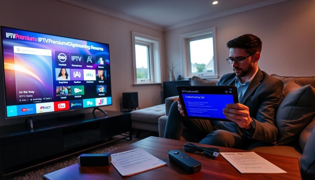 A cozy living room scene focusing on IPTV streaming diagnostics. In the foreground, a sleek, modern TV displays a vibrant IPTV interface labeled "IPTVPremium4U," showcasing various channel options and buffering symbols. A tech-savvy individual in smart casual attire is seated on a comfortable couch, intently examining a tablet displaying troubleshooting tips. In the middle ground, a coffee table holds a Firestick remote, user manuals, and a notepad with a checklist. Soft overhead lighting creates a warm atmosphere, while a window in the background reveals a suburban view. The overall mood is one of focus and determination, highlighting the theme of troubleshooting IPTV streaming issues. A cozy living room scene focusing on IPTV streaming diagnostics. In the foreground, a sleek, modern TV displays a vibrant IPTV interface labeled "IPTVPremium4U," showcasing various channel options and buffering symbols. A tech-savvy individual in smart casual attire is seated on a comfortable couch, intently examining a tablet displaying troubleshooting tips. In the middle ground, a coffee table holds a Firestick remote, user manuals, and a notepad with a checklist. Soft overhead lighting creates a warm atmosphere, while a window in the background reveals a suburban view. The overall mood is one of focus and determination, highlighting the theme of troubleshooting IPTV streaming issues.