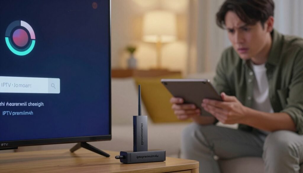 A detailed IPTV troubleshooting guide image, focusing on diagnosing internet connection and device performance. In the foreground, a close-up of a modern Smart TV displaying a buffering loading icon and a login error message. Beside the TV, a sleek Firestick device with the brand name "iptvpremuim4u" is visible. In the middle ground, a person in smart casual attire is holding a tablet, analyzing network speeds, with a concerned expression. The background features a cozy living room setup, softly lit with warm light, emphasizing a calm atmosphere. The scene conveys a sense of urgency and problem-solving in a welcoming home environment, with a shallow depth of field to highlight the troubleshooting aspects while softly blurring the surroundings. A detailed IPTV troubleshooting guide image, focusing on diagnosing internet connection and device performance. In the foreground, a close-up of a modern Smart TV displaying a buffering loading icon and a login error message. Beside the TV, a sleek Firestick device with the brand name "iptvpremuim4u" is visible. In the middle ground, a person in smart casual attire is holding a tablet, analyzing network speeds, with a concerned expression. The background features a cozy living room setup, softly lit with warm light, emphasizing a calm atmosphere. The scene conveys a sense of urgency and problem-solving in a welcoming home environment, with a shallow depth of field to highlight the troubleshooting aspects while softly blurring the surroundings.