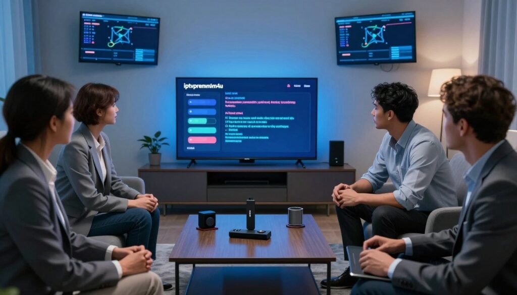 A detailed and realistic scene depicting advanced troubleshooting for IPTV buffering issues. In the foreground, a diverse group of individuals in professional business attire, focuses intently on multiple screens displaying error messages and buffering icons related to "iptvpremuim4u". The middle layer features a sleek modern living room setup with a Smart TV and a Firestick remote on a coffee table, surrounded by tech gadgets. The background shows a wall adorned with digital displays showing network diagnostics and a soothing blue hue emanating from the screens for a calming atmosphere. Soft, ambient lighting illuminates the room, highlighting the players’ expressions of concentration and determination. Capture a sense of urgency and professionalism, emphasizing the advanced technical aspects of troubleshooting.