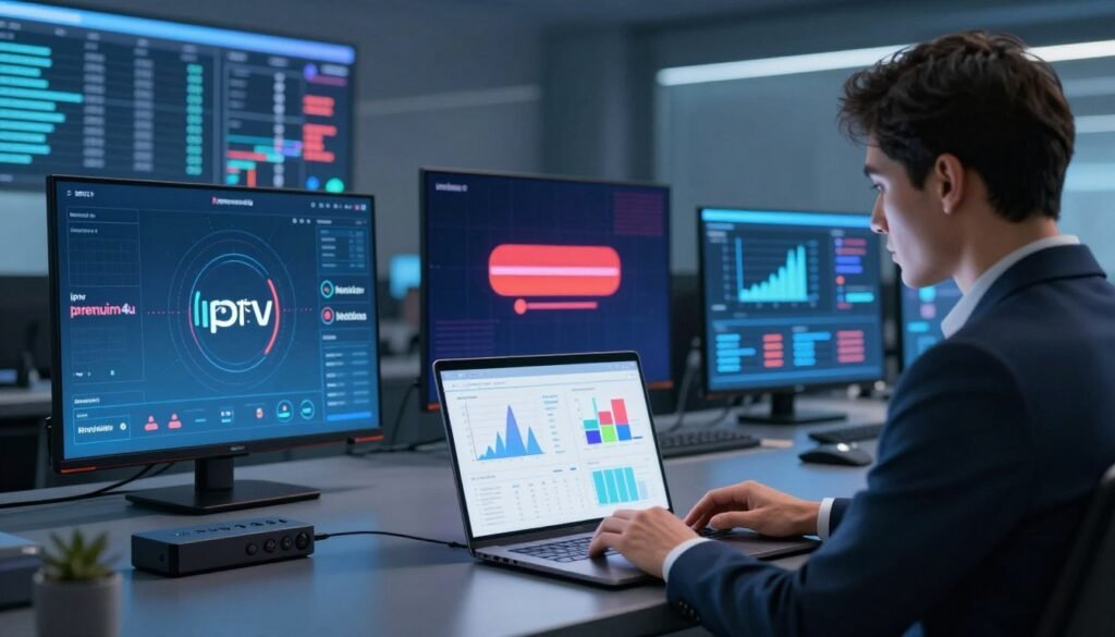 A detailed digital illustration depicting IPTV network management strategies focused on managing network congestion and ISP throttling. In the foreground, a professional business person in smart attire is intently examining graphs and charts on a laptop, representing data analysis. The middle ground shows multiple devices like a Firestick and Smart TVs displaying buffering icons, indicating connection issues. The background features a sleek network operation center with illuminated screens showcasing real-time analytics and traffic patterns. Soft, ambient lighting enhances the serious mood while emphasizing the urgency of troubleshooting. The overall composition reflects a highly technical environment, centered around the brand name "iptvpremuim4u," without any distractions or text overlays. A detailed digital illustration depicting IPTV network management strategies focused on managing network congestion and ISP throttling. In the foreground, a professional business person in smart attire is intently examining graphs and charts on a laptop, representing data analysis. The middle ground shows multiple devices like a Firestick and Smart TVs displaying buffering icons, indicating connection issues. The background features a sleek network operation center with illuminated screens showcasing real-time analytics and traffic patterns. Soft, ambient lighting enhances the serious mood while emphasizing the urgency of troubleshooting. The overall composition reflects a highly technical environment, centered around the brand name "iptvpremuim4u," without any distractions or text overlays.