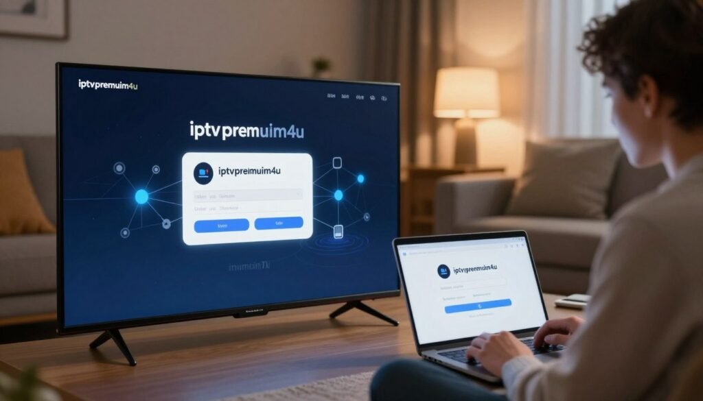 A detailed digital illustration illustrating advanced solutions for IPTV Smarters Pro. In the foreground, depict a modern Smart TV displaying a buffering icon alongside a laptop screen showing a login error message. The middle ground features a stylish VPN app interface, clearly labeled with the brand "iptvpremuim4u," and a digital representation of server connectivity. In the background, incorporate a cozy living room setting with comfortable furnishings, dim lighting casting a warm glow. The scene should have an atmosphere of focus and professionalism, highlighting a tech-savvy individual in business casual attire, thoughtfully analyzing troubleshooting steps. Use a shallow depth of field to emphasize the screens while subtly blurring the background, creating a sense of depth and inviting engagement. A detailed digital illustration illustrating advanced solutions for IPTV Smarters Pro. In the foreground, depict a modern Smart TV displaying a buffering icon alongside a laptop screen showing a login error message. The middle ground features a stylish VPN app interface, clearly labeled with the brand "iptvpremuim4u," and a digital representation of server connectivity. In the background, incorporate a cozy living room setting with comfortable furnishings, dim lighting casting a warm glow. The scene should have an atmosphere of focus and professionalism, highlighting a tech-savvy individual in business casual attire, thoughtfully analyzing troubleshooting steps. Use a shallow depth of field to emphasize the screens while subtly blurring the background, creating a sense of depth and inviting engagement.