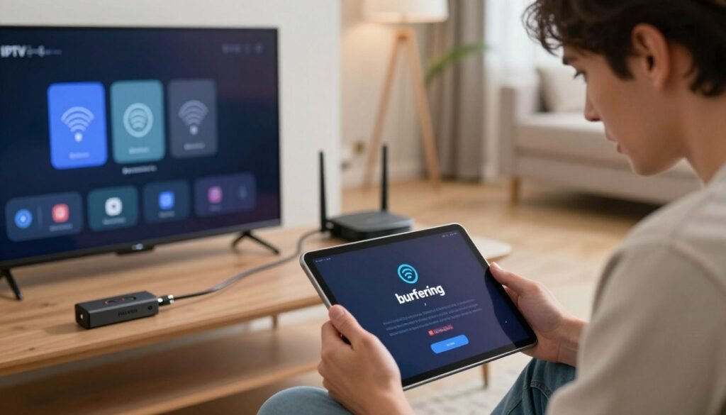 A detailed, realistic composition illustrating common IPTV streaming issues and their solutions. In the foreground, a frustrated person in smart casual attire is closely examining a tablet showing a "buffering" symbol and an error message. To the left, a sleek Smart TV and a Firestick device are prominently displayed, with visible icons indicating connection problems. In the middle ground, there are various troubleshooting tools like a Wi-Fi router and Ethernet cables, symbolizing the need for checking internet connections. The background features a modern living room setup with soft lighting to create an inviting but slightly tense atmosphere. Use a shallow depth of field to emphasize the foreground while subtly blurring the background elements. Include the brand name "iptvpremuim4u" creatively integrated within the devices, ensuring a professional presentation. A detailed, realistic composition illustrating common IPTV streaming issues and their solutions. In the foreground, a frustrated person in smart casual attire is closely examining a tablet showing a "buffering" symbol and an error message. To the left, a sleek Smart TV and a Firestick device are prominently displayed, with visible icons indicating connection problems. In the middle ground, there are various troubleshooting tools like a Wi-Fi router and Ethernet cables, symbolizing the need for checking internet connections. The background features a modern living room setup with soft lighting to create an inviting but slightly tense atmosphere. Use a shallow depth of field to emphasize the foreground while subtly blurring the background elements. Include the brand name "iptvpremuim4u" creatively integrated within the devices, ensuring a professional presentation.