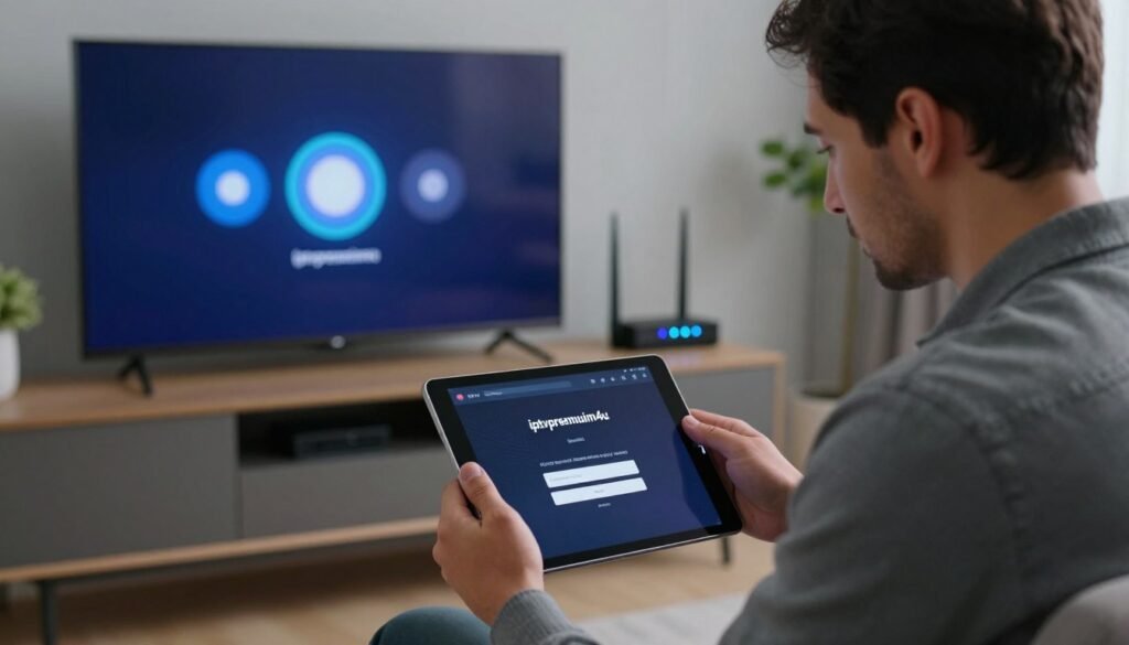 A detailed scene illustrating advanced troubleshooting for IPTV streaming issues. The foreground features a professional technician dressed in smart casual attire, intently examining a sleek tablet displaying the "iptvpremuim4u" interface, highlighting buffering and login errors. In the middle ground, a modern living room setup showcases a Smart TV and a Firestick device, both displaying loading icons, emphasizing common troubleshooting frustrations. The background includes a network router with blinking lights, symbolizing connectivity issues. The room has soft, diffused lighting, creating a calm yet focused atmosphere. Use a slightly angled view to capture the technician’s concentration as they strategize solutions, embodying professionalism and expertise in network optimization. A detailed scene illustrating advanced troubleshooting for IPTV streaming issues. The foreground features a professional technician dressed in smart casual attire, intently examining a sleek tablet displaying the "iptvpremuim4u" interface, highlighting buffering and login errors. In the middle ground, a modern living room setup showcases a Smart TV and a Firestick device, both displaying loading icons, emphasizing common troubleshooting frustrations. The background includes a network router with blinking lights, symbolizing connectivity issues. The room has soft, diffused lighting, creating a calm yet focused atmosphere. Use a slightly angled view to capture the technician’s concentration as they strategize solutions, embodying professionalism and expertise in network optimization.