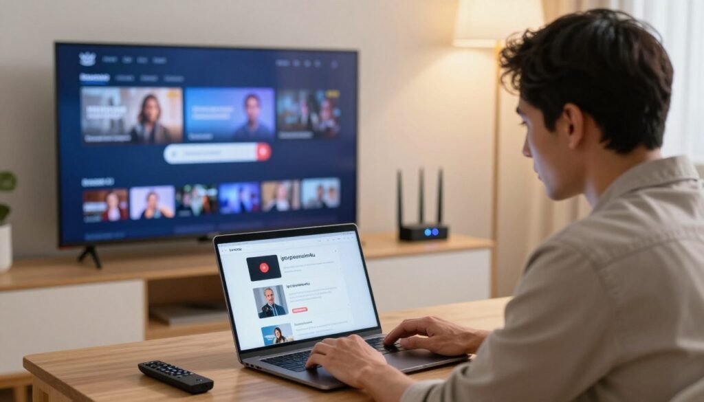 A focused and professional scene showing a technician diagnosing internet connection issues for streaming. In the foreground, a male technician in a smart casual outfit examines a laptop displaying buffering icons and error messages related to "iptvpremuim4u". The middle ground features a modern living room with a large Smart TV displaying a frozen screen, indicating streaming troubles, along with a Firestick remote nearby. In the background, a router with blinking lights signifies an unstable connection. The room is well-lit with soft, warm overhead lighting, creating an atmosphere of concentration and problem-solving. The angle captures the technician from a slight side view, making the interaction with technology evident, while also maintaining a clean and organized appearance of the setting.