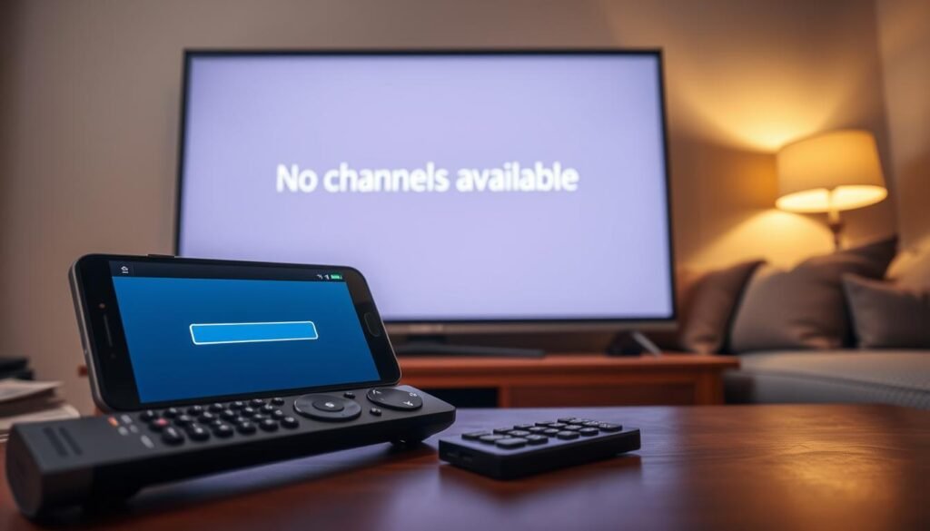 A living room scene showcasing a modern television displaying a static screen with the message “No Channels Available”. In the foreground, a sleek IPTV remote lies on a stylish coffee table, partially obscured by a smartphone showing the IPTVPremuim4U app interface with a buffering icon. The middle ground features a comfortable couch with a couple of cushions, hinting at a cozy viewing space. In the background, soft ambient lighting casts a warm glow, enhancing the mood of frustration and urgency related to streaming issues. Capture the essence of IPTV troubleshooting, focusing on the struggles with server connectivity and buffering problems. Use a slight overhead angle to add depth to the scene and emphasize the disconnect caused by server downtime. The overall atmosphere should evoke a sense of confusion and the desire for resolution. A living room scene showcasing a modern television displaying a static screen with the message “No Channels Available”. In the foreground, a sleek IPTV remote lies on a stylish coffee table, partially obscured by a smartphone showing the IPTVPremuim4U app interface with a buffering icon. The middle ground features a comfortable couch with a couple of cushions, hinting at a cozy viewing space. In the background, soft ambient lighting casts a warm glow, enhancing the mood of frustration and urgency related to streaming issues. Capture the essence of IPTV troubleshooting, focusing on the struggles with server connectivity and buffering problems. Use a slight overhead angle to add depth to the scene and emphasize the disconnect caused by server downtime. The overall atmosphere should evoke a sense of confusion and the desire for resolution.