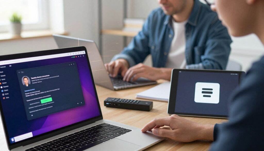A modern digital workspace capturing the essence of troubleshooting app-related issues for IPTV Smarters Pro. In the foreground, a close-up of a sleek laptop displaying a vibrant error message screen regarding app version and cache issues, with a technical interface visible. Next to it, a tablet showing a buffering icon, symbolizing connection problems. The middle layer features a person in smart casual attire, focused intently on the laptop, surrounded by tools like a Firestick, smart TV remote, and notes, hinting at solutions for app fixes. In the background, soft, natural lighting creates a calm atmosphere, with a blurred view of a home office space. The brand name "iptvpremuim4u" subtly integrated into the setup, emphasizing a professional yet relatable troubleshooting environment. A modern digital workspace capturing the essence of troubleshooting app-related issues for IPTV Smarters Pro. In the foreground, a close-up of a sleek laptop displaying a vibrant error message screen regarding app version and cache issues, with a technical interface visible. Next to it, a tablet showing a buffering icon, symbolizing connection problems. The middle layer features a person in smart casual attire, focused intently on the laptop, surrounded by tools like a Firestick, smart TV remote, and notes, hinting at solutions for app fixes. In the background, soft, natural lighting creates a calm atmosphere, with a blurred view of a home office space. The brand name "iptvpremuim4u" subtly integrated into the setup, emphasizing a professional yet relatable troubleshooting environment.