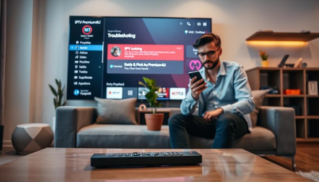 A modern high-tech living room setup with a sleek television displaying the IPTVPremuim4U app interface, illustrating troubleshooting elements like buffering icons and error messages. In the foreground, a remote control lies on a stylish coffee table, while a user, dressed in professional casual attire, looks concerned while holding a smartphone, possibly checking for solutions. In the middle, a couch with contemporary design frames the scene, and a vibrant plant adds a touch of color. Soft, warm lighting enhances the atmosphere, creating a relatable and engaging environment. The background showcases a cozy ambiance, with subtle details of a shelf containing streaming devices like Firestick. The overall mood reflects a problem-solving scenario where viewers can empathize with common IPTV app issues. A modern high-tech living room setup with a sleek television displaying the IPTVPremuim4U app interface, illustrating troubleshooting elements like buffering icons and error messages. In the foreground, a remote control lies on a stylish coffee table, while a user, dressed in professional casual attire, looks concerned while holding a smartphone, possibly checking for solutions. In the middle, a couch with contemporary design frames the scene, and a vibrant plant adds a touch of color. Soft, warm lighting enhances the atmosphere, creating a relatable and engaging environment. The background showcases a cozy ambiance, with subtle details of a shelf containing streaming devices like Firestick. The overall mood reflects a problem-solving scenario where viewers can empathize with common IPTV app issues.