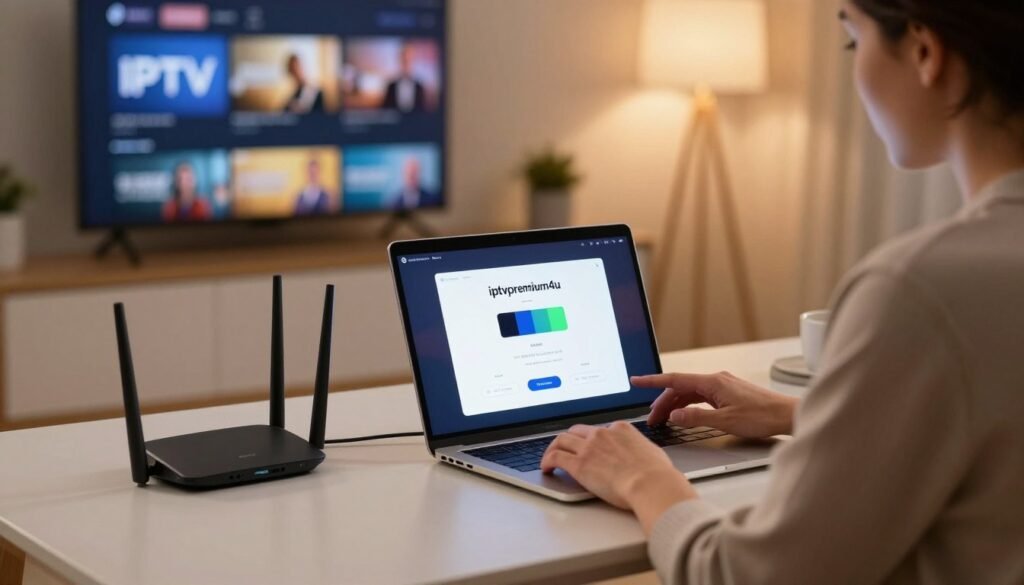 A modern home office setting with a sleek desk featuring a high-end router and a laptop displaying IPTV streaming service, specifically showcasing "iptvpremium4u," with a buffering icon vividly highlighted on the screen. In the foreground, a focused individual, dressed in smart casual attire, is adjusting internet settings on the laptop. The middle ground includes a Smart TV with crisp imagery tuned to an IPTV channel. The background is softly illuminated, with warm lighting that suggests a cozy evening ambiance, enhancing the sense of comfort in the home environment. Use a shallow depth of field to emphasize the individual and their interaction with technology, capturing the mood of streamlining and enhancing the streaming experience.