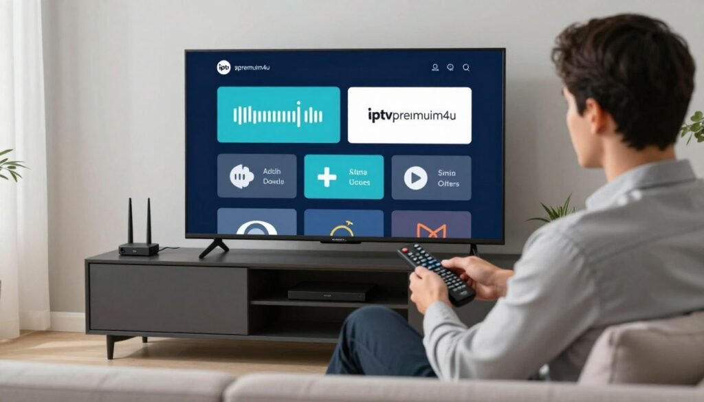 A modern living room scene featuring a smart TV displaying an IPTV app interface with buffering symbols. In the foreground, a professional-looking individual in business casual attire sits on a comfortable couch, focused on configuring the app using a remote control. The middle emphasizes a sleek media console with devices like a Firestick and a router, wires neatly organized. The background shows soft natural lighting filtering through a window, enhancing the calm atmosphere. A subtle brand logo "iptvpremuim4u" is visible on the TV screen. The overall mood conveys a sense of concentration and efficiency, illustrating the process of customizing settings for smooth IPTV streaming.