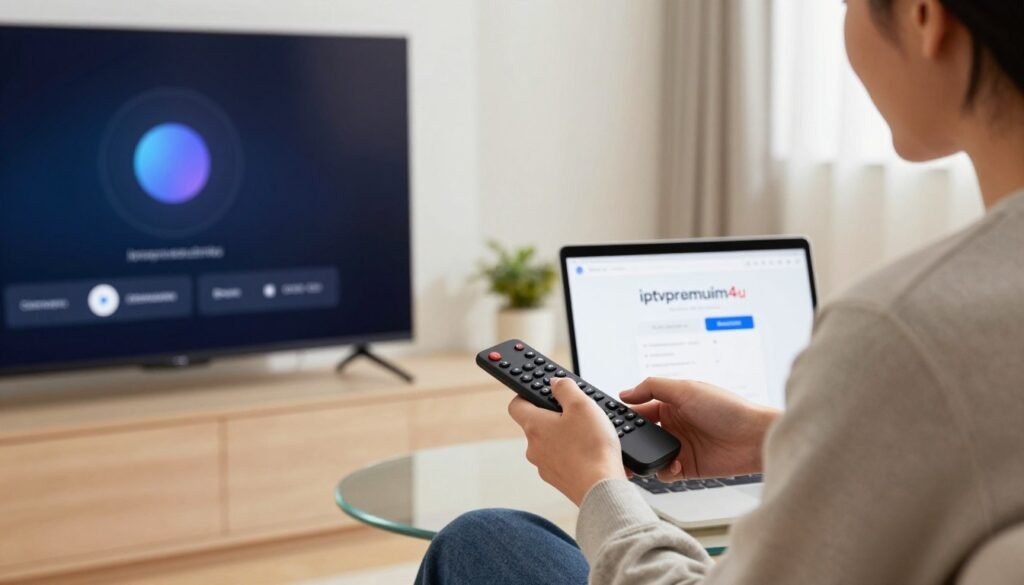 A modern living room setting featuring a person in smart casual attire focused on troubleshooting an IPTV app on a sleek smart TV. The foreground includes a close-up of the TV screen displaying a loading symbol and error messages, with visible app settings like cache management. In the middle, the user is holding a remote control, with a laptop open beside them showing the IPTV platform "iptvpremuim4u" on its display. The background contains a clean and minimalistic decor, emphasizing a tech-savvy environment. Soft, natural lighting brightens the scene, casting subtle shadows that create a serene, concentrated atmosphere. The image should convey a sense of careful examination and resolution of technical issues related to IPTV services, particularly focusing on cache data troubleshooting.