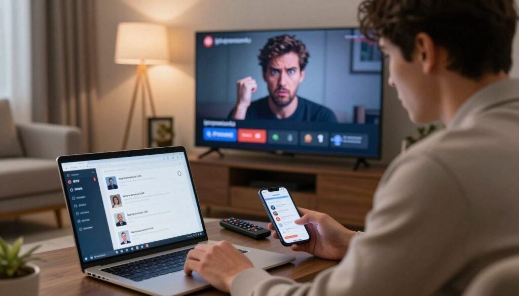 A modern living room setting featuring a sleek Smart TV displaying a frustrated buffering screen. In the foreground, a person in professional casual attire, looking intently at a laptop connected to a VPN application on the screen, demonstrating a solution to IPTV issues. The middle ground reveals an IPTV remote control and a smartphone displaying troubleshooting tips. The background includes a cozy ambiance with muted lighting, a soft couch, and a modern decor, creating a focus on the streaming problem. Utilize a warm color palette to evoke a sense of urgency and resolution. The brand name "iptvpremium4u" is subtly incorporated into the screen display of the TV. The angle is a close-up shot to capture the tension and engagement in the scene. A modern living room setting featuring a sleek Smart TV displaying a frustrated buffering screen. In the foreground, a person in professional casual attire, looking intently at a laptop connected to a VPN application on the screen, demonstrating a solution to IPTV issues. The middle ground reveals an IPTV remote control and a smartphone displaying troubleshooting tips. The background includes a cozy ambiance with muted lighting, a soft couch, and a modern decor, creating a focus on the streaming problem. Utilize a warm color palette to evoke a sense of urgency and resolution. The brand name "iptvpremium4u" is subtly incorporated into the screen display of the TV. The angle is a close-up shot to capture the tension and engagement in the scene.
