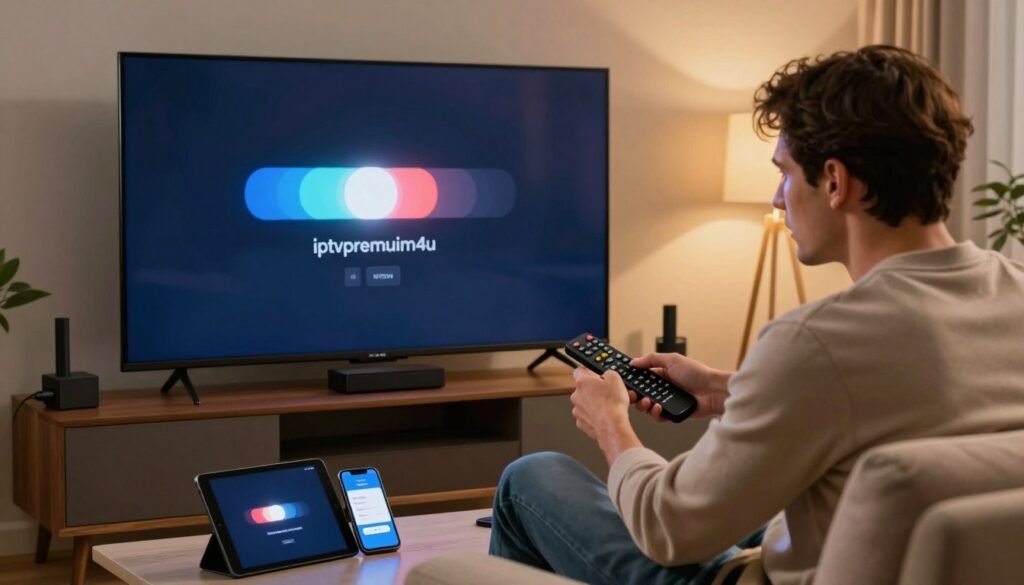 A modern living room setup, featuring a sleek Smart TV displaying a loading symbol, representing IPTV buffering issues. In the foreground, a user, dressed in smart casual attire, is sitting on a comfortable couch, looking concerned while using a remote control. A Firestick device can be seen plugged into the TV. In the middle ground, there are various tech gadgets like a tablet and smartphone, showing login error messages related to IPTV services. The background is softly lit, with warm, ambient lighting creating a focused, yet frustrating atmosphere. The brand name "iptvpremuim4u" is subtly incorporated into the design of the TV interface. The overall mood is one of determination to find advanced solutions and support for IPTV troubleshooting. A modern living room setup, featuring a sleek Smart TV displaying a loading symbol, representing IPTV buffering issues. In the foreground, a user, dressed in smart casual attire, is sitting on a comfortable couch, looking concerned while using a remote control. A Firestick device can be seen plugged into the TV. In the middle ground, there are various tech gadgets like a tablet and smartphone, showing login error messages related to IPTV services. The background is softly lit, with warm, ambient lighting creating a focused, yet frustrating atmosphere. The brand name "iptvpremuim4u" is subtly incorporated into the design of the TV interface. The overall mood is one of determination to find advanced solutions and support for IPTV troubleshooting.