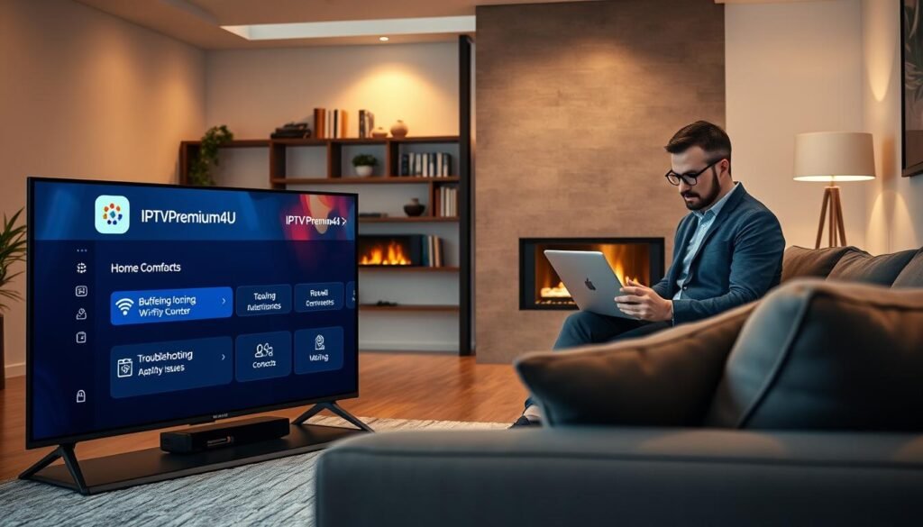 A modern living room setup showcasing an IPTV streaming experience. In the foreground, a sleek TV displaying the IPTVPremuim4U app interface with buffering icons and troubleshooting options for connection issues. A cozy couch with a tablet and remote control rests beside a flickering fireplace, signaling home comfort. In the middle ground, a technician dressed in business casual is examining a laptop, connecting to a Wi-Fi router, symbolizing the process of resolving IPTV troubles. The background features a stylish bookshelf and soft ambient lighting that conveys a relaxed atmosphere, inviting viewers to feel empowered in tackling their streaming problems. The image captures a harmonious blend of technology and comfort, symbolizing the journey to a buffering-free IPTV experience. A modern living room setup showcasing an IPTV streaming experience. In the foreground, a sleek TV displaying the IPTVPremuim4U app interface with buffering icons and troubleshooting options for connection issues. A cozy couch with a tablet and remote control rests beside a flickering fireplace, signaling home comfort. In the middle ground, a technician dressed in business casual is examining a laptop, connecting to a Wi-Fi router, symbolizing the process of resolving IPTV troubles. The background features a stylish bookshelf and soft ambient lighting that conveys a relaxed atmosphere, inviting viewers to feel empowered in tackling their streaming problems. The image captures a harmonious blend of technology and comfort, symbolizing the journey to a buffering-free IPTV experience.