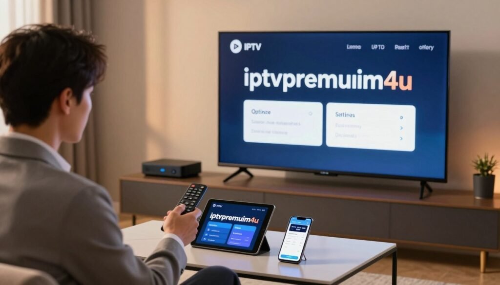 A modern living room setup with a large Smart TV displaying the IPTV app "iptvpremuim4u" on the screen, showcasing a prompt for optimizing app settings. In the foreground, a focused individual in professional business attire is using a remote control, appearing engaged in troubleshooting. The middle ground features a sleek coffee table with a tablet and a smartphone, both displaying IPTV-related settings, emphasizing user experience. In the background, soft ambient lighting casts a warm glow, creating a calm atmosphere, with subtle hints of tech gadgets like a streaming device. The overall mood is one of concentrated problem-solving, highlighting an approachable yet professional guide to optimizing IPTV settings and device configurations. A modern living room setup with a large Smart TV displaying the IPTV app "iptvpremuim4u" on the screen, showcasing a prompt for optimizing app settings. In the foreground, a focused individual in professional business attire is using a remote control, appearing engaged in troubleshooting. The middle ground features a sleek coffee table with a tablet and a smartphone, both displaying IPTV-related settings, emphasizing user experience. In the background, soft ambient lighting casts a warm glow, creating a calm atmosphere, with subtle hints of tech gadgets like a streaming device. The overall mood is one of concentrated problem-solving, highlighting an approachable yet professional guide to optimizing IPTV settings and device configurations.