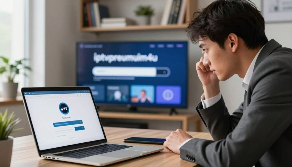 A modern office setting featuring a professional in business attire troubleshooting an IPTV login issue. In the foreground, a laptop displays a login error message with a buffering icon, while the user, a focused individual with short dark hair, is leaning forward, analyzing the screen. In the middle, a Smart TV shows the "iptvpremuim4u" interface, with a loading bar indicating a connection problem. The background includes shelves filled with tech books and a potted plant, subtly highlighting a calm and organized workspace. Soft, natural lighting filters through a nearby window, casting light on the scene and creating an atmosphere of determination and professionalism. The angle captures both the laptop and the TV in a clear view, emphasizing the troubleshooting process without distractions. A modern office setting featuring a professional in business attire troubleshooting an IPTV login issue. In the foreground, a laptop displays a login error message with a buffering icon, while the user, a focused individual with short dark hair, is leaning forward, analyzing the screen. In the middle, a Smart TV shows the "iptvpremuim4u" interface, with a loading bar indicating a connection problem. The background includes shelves filled with tech books and a potted plant, subtly highlighting a calm and organized workspace. Soft, natural lighting filters through a nearby window, casting light on the scene and creating an atmosphere of determination and professionalism. The angle captures both the laptop and the TV in a clear view, emphasizing the troubleshooting process without distractions.