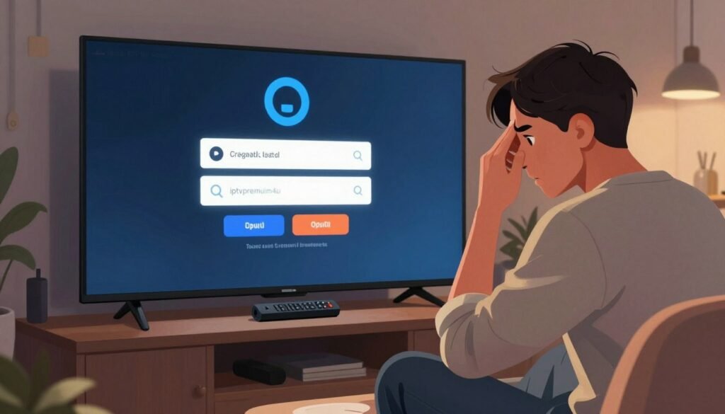 A professional and detailed illustration of common IPTV streaming issues. In the foreground, depict a frustrated user, dressed in smart casual attire, sitting in front of a Smart TV displaying a buffering icon. In the middle layer, include digital elements like login error alerts and a Firestick remote, emphasizing technical mishaps. The background should feature a cozy living room setting with a dim, warm light, creating a relatable atmosphere. Incorporate elements representing the brand "iptvpremuim4u" subtly, such as logos on devices or screens. Capture the essence of technological frustration and confusion in this organized scene, conveying the mood of troubleshooting and concern within a domestic space. A professional and detailed illustration of common IPTV streaming issues. In the foreground, depict a frustrated user, dressed in smart casual attire, sitting in front of a Smart TV displaying a buffering icon. In the middle layer, include digital elements like login error alerts and a Firestick remote, emphasizing technical mishaps. The background should feature a cozy living room setting with a dim, warm light, creating a relatable atmosphere. Incorporate elements representing the brand "iptvpremuim4u" subtly, such as logos on devices or screens. Capture the essence of technological frustration and confusion in this organized scene, conveying the mood of troubleshooting and concern within a domestic space.