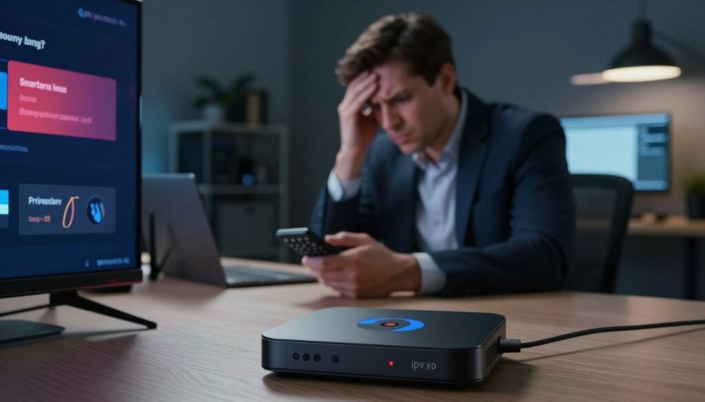 A professional-looking scene depicting IPTV Smarters Pro performance issues. In the foreground, a close-up view of a streaming device, like a Firestick, displaying a buffering symbol and an error message on a Smart TV screen. The middle layer features a person in business attire, sitting at a desk, looking frustrated while holding a remote control. They should appear focused, with subtle lighting highlighting their expression of concerned troubleshooting. In the background, the room should have dimmed lights, creating a slightly tense atmosphere, with various tech gadgets like routers and laptops scattered about, showcasing a tech-savvy environment. Include the brand name "iptvpremuim4u" subtly integrated into the scene. Aim for a realistic, relatable feel that conveys the challenges faced by users experiencing issues with IPTV streaming services. A professional-looking scene depicting IPTV Smarters Pro performance issues. In the foreground, a close-up view of a streaming device, like a Firestick, displaying a buffering symbol and an error message on a Smart TV screen. The middle layer features a person in business attire, sitting at a desk, looking frustrated while holding a remote control. They should appear focused, with subtle lighting highlighting their expression of concerned troubleshooting. In the background, the room should have dimmed lights, creating a slightly tense atmosphere, with various tech gadgets like routers and laptops scattered about, showcasing a tech-savvy environment. Include the brand name "iptvpremuim4u" subtly integrated into the scene. Aim for a realistic, relatable feel that conveys the challenges faced by users experiencing issues with IPTV streaming services.