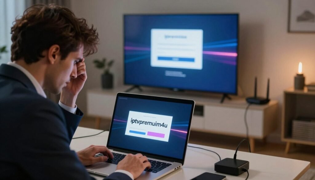 A realistic scene depicting IPTV streaming issues and solutions. In the foreground, a person in professional attire is sitting at a desk, looking frustrated while using a laptop showing a buffering screen with the logo "iptvpremuim4u". The middle section features a glowing Smart TV displaying a login error message, surrounded by network troubleshooting tools like a Wi-Fi router and cables. The background showcases a modern living room with soft, ambient lighting enhancing the mood of frustration and determination. The angle is slightly angled from above to capture both the laptop and TV, creating depth and focus. Overall, the atmosphere is one of challenge and resolution, reflecting the theme of understanding IPTV problems. iptv keeps disconnecting