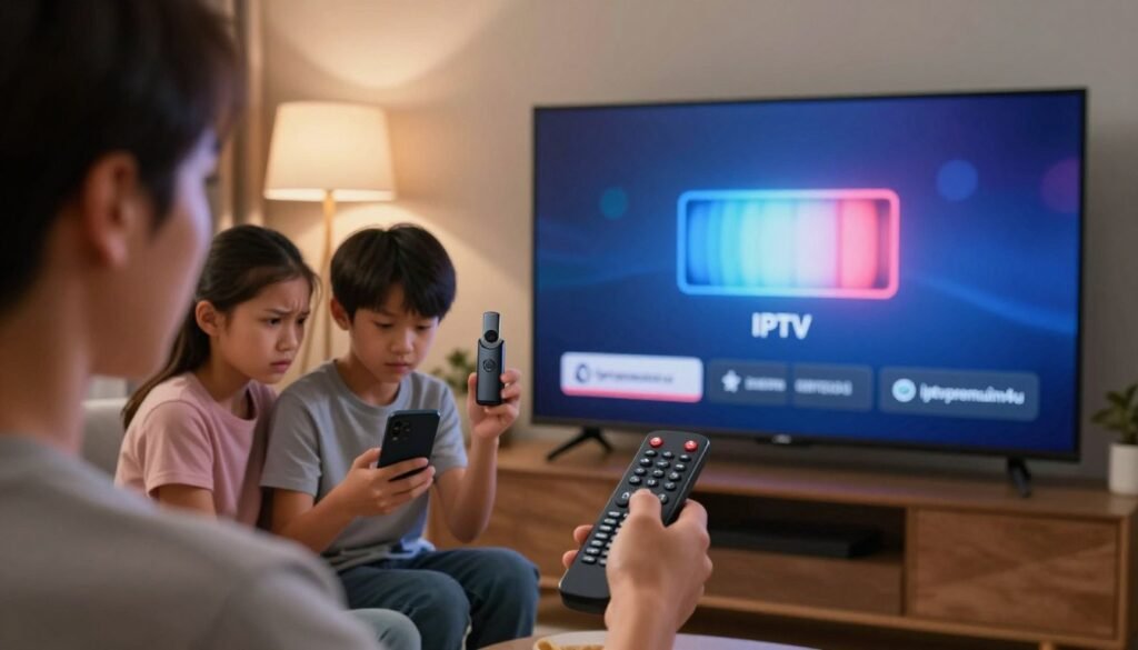 A realistic scene depicting a modern living room where a family is experiencing IPTV buffering issues on a large Smart TV. In the foreground, focus on a close-up of a concerned adult navigating a remote control, visible buffering icon on the TV screen. In the middle ground, a family member is looking at a Firestick device, showcasing frustration, while another checks a smartphone for troubleshooting tips, with the brand name "iptvpremuim4u" subtly displayed on the device. The background features soft, ambient lighting with a cozy atmosphere, suggesting nighttime. Use a warm color palette to evoke a sense of urgency and discomfort around the IPTV experience, emphasizing the emotional impact of buffering on their streaming experience.