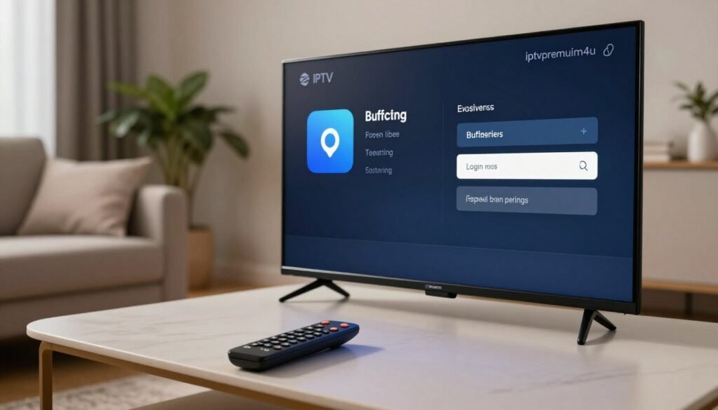 A sleek, modern IPTV app settings interface displayed prominently on a high-resolution Smart TV screen in a cozy living room setting. The foreground features a remote control resting on a stylish coffee table, the brand name "iptvpremuim4u" subtly visible on the screen. In the middle ground, a blurry but inviting couch and a potted plant provide a homey touch, while the background features soft ambient lighting, enhancing the comforting atmosphere. The scene is captured from a slight angle, simulating a user's perspective as they troubleshoot common IPTV issues like buffering and login errors. The entire composition evokes a sense of easy accessibility and user-friendliness, emphasizing the importance of adjusting settings for optimal performance. A sleek, modern IPTV app settings interface displayed prominently on a high-resolution Smart TV screen in a cozy living room setting. The foreground features a remote control resting on a stylish coffee table, the brand name "iptvpremuim4u" subtly visible on the screen. In the middle ground, a blurry but inviting couch and a potted plant provide a homey touch, while the background features soft ambient lighting, enhancing the comforting atmosphere. The scene is captured from a slight angle, simulating a user's perspective as they troubleshoot common IPTV issues like buffering and login errors. The entire composition evokes a sense of easy accessibility and user-friendliness, emphasizing the importance of adjusting settings for optimal performance.