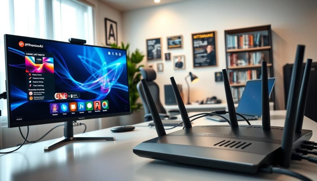 A sleek, modern home office scene focusing on hardware optimization for streaming. In the foreground, a high-end gaming monitor displays the IPTVPremium4U interface with vivid streaming graphics, while a close-up view of a powerful router highlights blinking lights indicating strong connectivity. The middle ground features a neatly arranged desk with an ergonomic chair, cables organized, and a laptop processing data, surrounded by dynamic visuals of network connections. In the background, a softly lit wall adorned with tech posters and a bookshelf filled with IT books adds a professional vibe. Lighting is bright yet soft, casting subtle reflections on the surfaces to enhance clarity. The atmosphere is focused and productive, evoking a sense of efficiency and technological advancement. A sleek, modern home office scene focusing on hardware optimization for streaming. In the foreground, a high-end gaming monitor displays the IPTVPremium4U interface with vivid streaming graphics, while a close-up view of a powerful router highlights blinking lights indicating strong connectivity. The middle ground features a neatly arranged desk with an ergonomic chair, cables organized, and a laptop processing data, surrounded by dynamic visuals of network connections. In the background, a softly lit wall adorned with tech posters and a bookshelf filled with IT books adds a professional vibe. Lighting is bright yet soft, casting subtle reflections on the surfaces to enhance clarity. The atmosphere is focused and productive, evoking a sense of efficiency and technological advancement.
